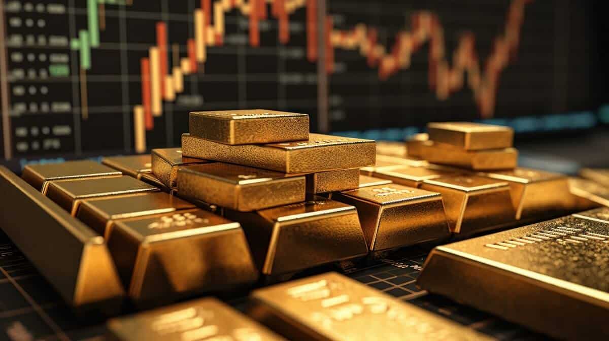 Gold bullion against stock market charts