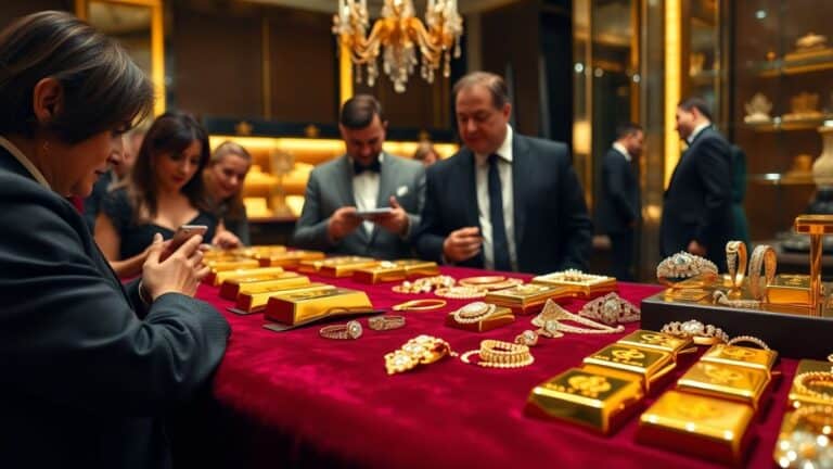 Gold bars, jewelry, jewelers, and investors in showroom.