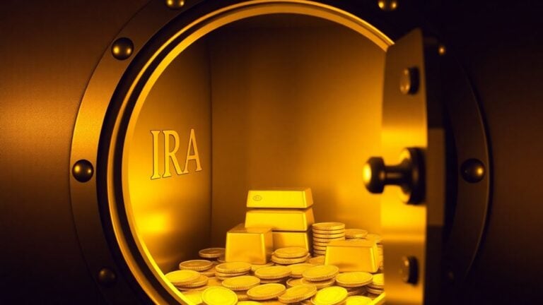 Golden IRA vault with gold bars and coins.