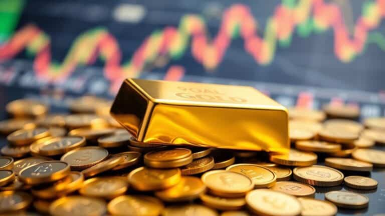 Gold bars and coins with blurred financial background.