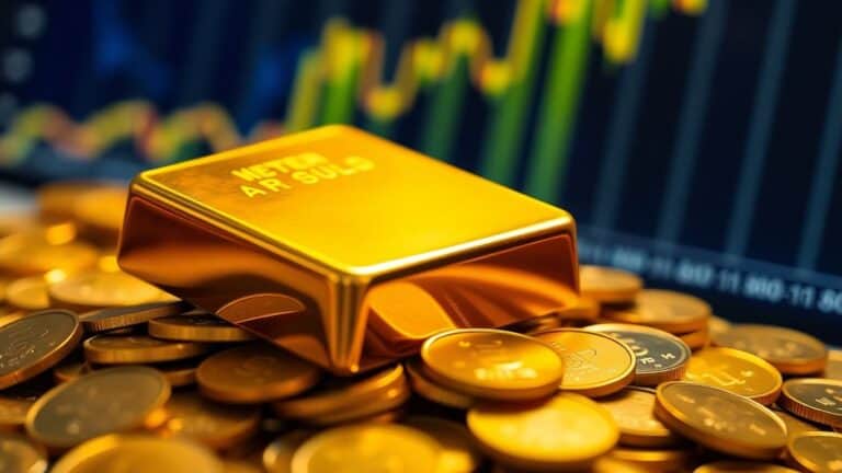 Gold bars and coins with rising financial chart.