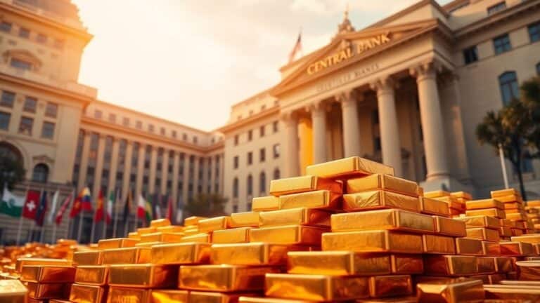 Gold bars and central bank buildings with multinational flags.