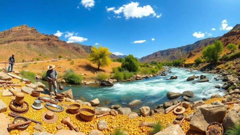 Miners panning for gold by a California river
