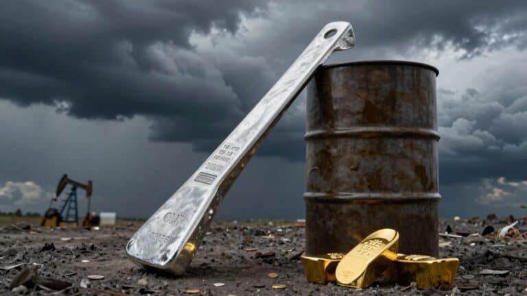 Silver, gold, and oil with stormy sky background.