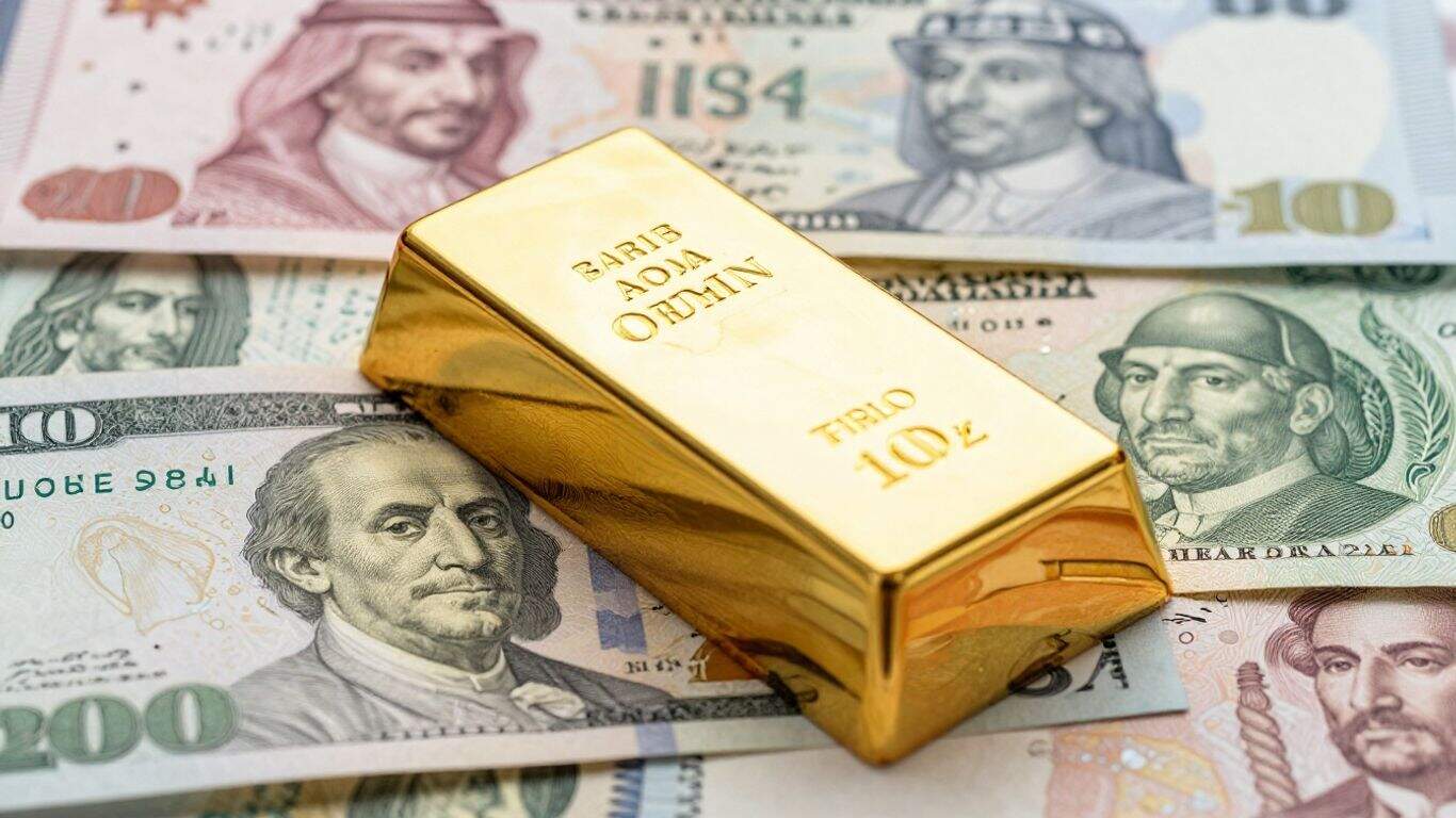 Gold bar with Asian and Middle Eastern currency.