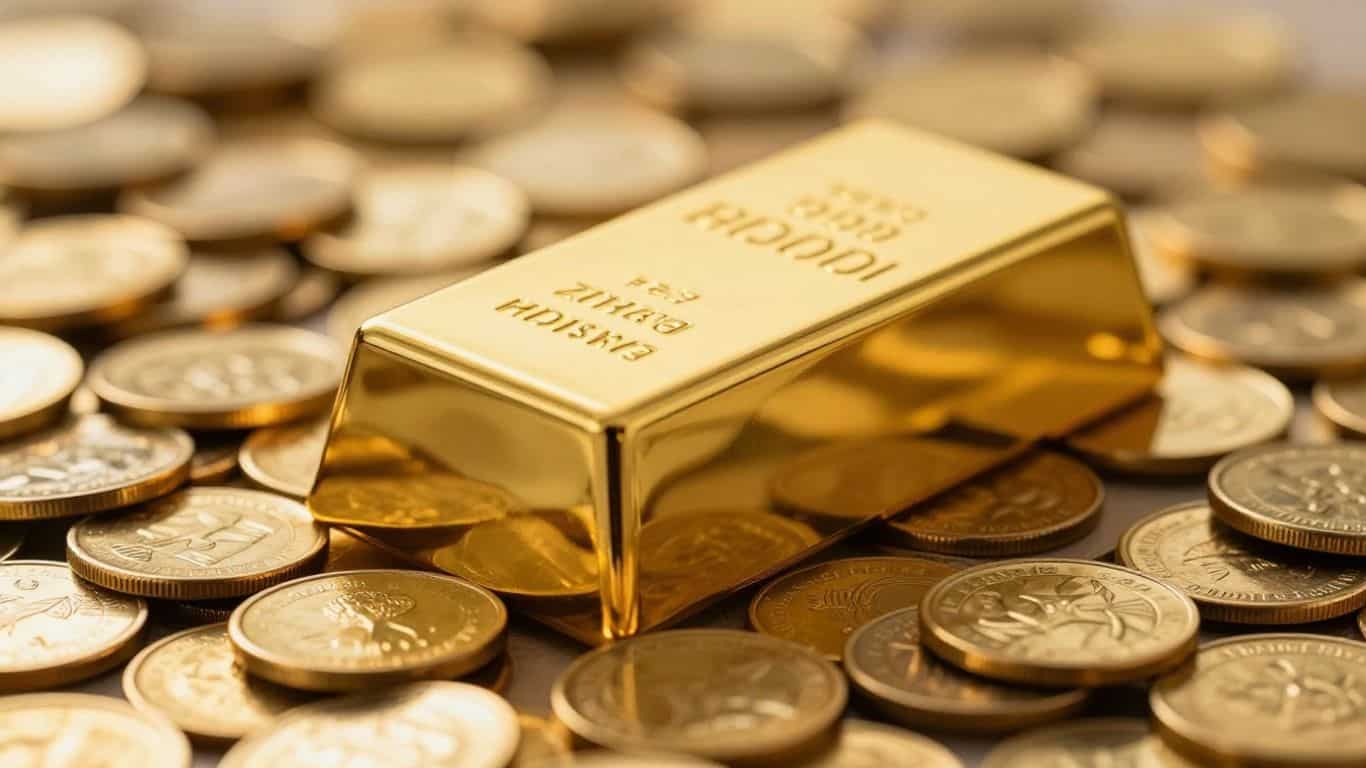 Gold bars and coins, reflecting light.