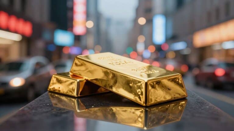 Gold bar reflecting city lights