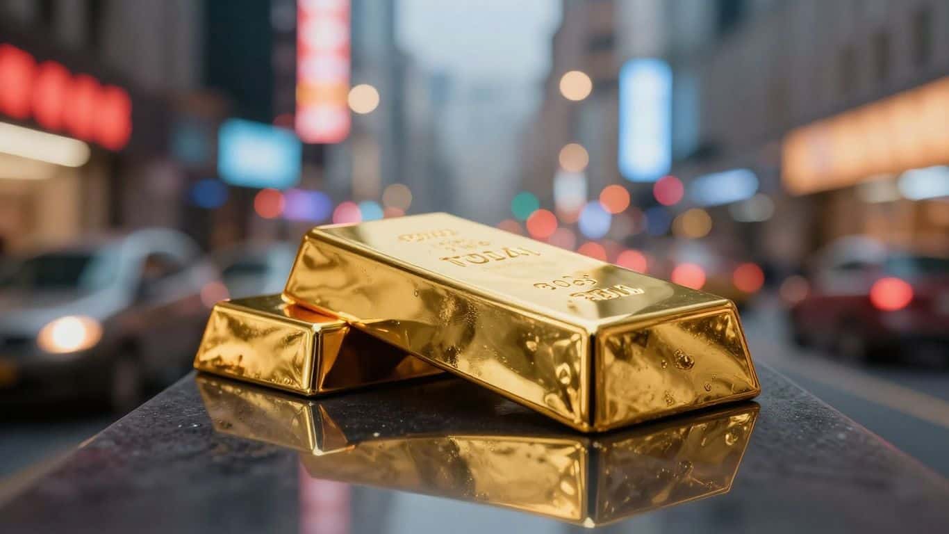 Gold bar reflecting city lights