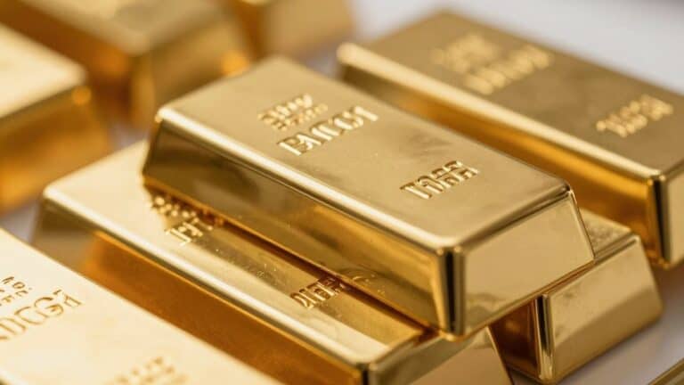 Gold bars stacked, reflecting light.