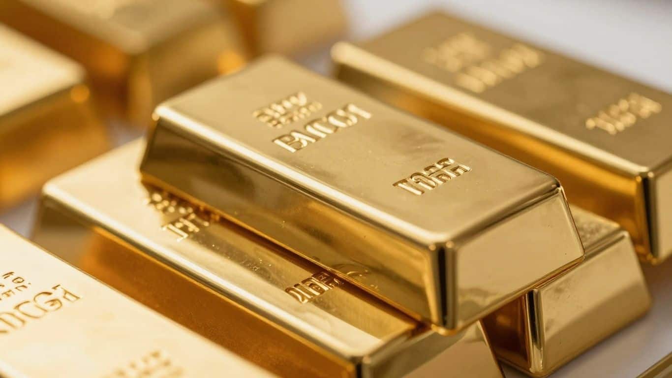 Gold bars stacked, reflecting light.