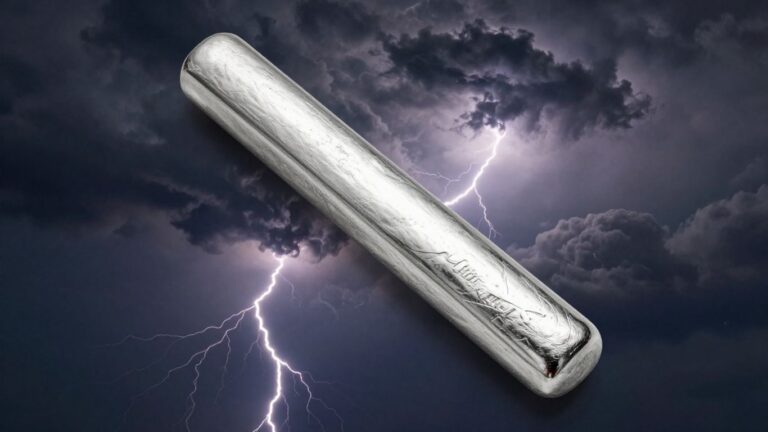 Silver bar against a stormy, lightning-filled sky.