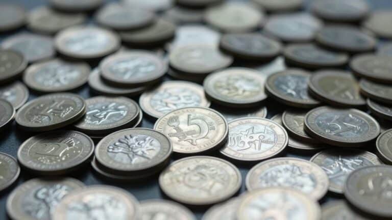 Silver coins and bars with light reflections.