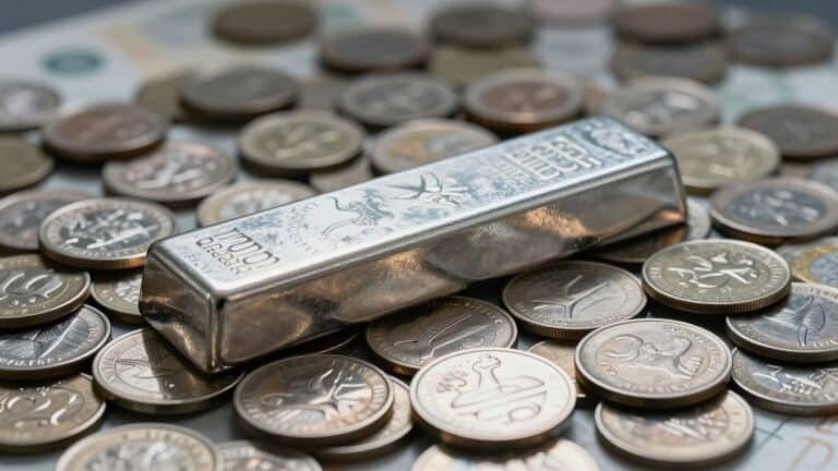 Silver bars and coins with a currency backdrop.