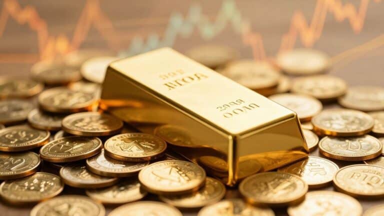 Gold bar and coins with fiery background.