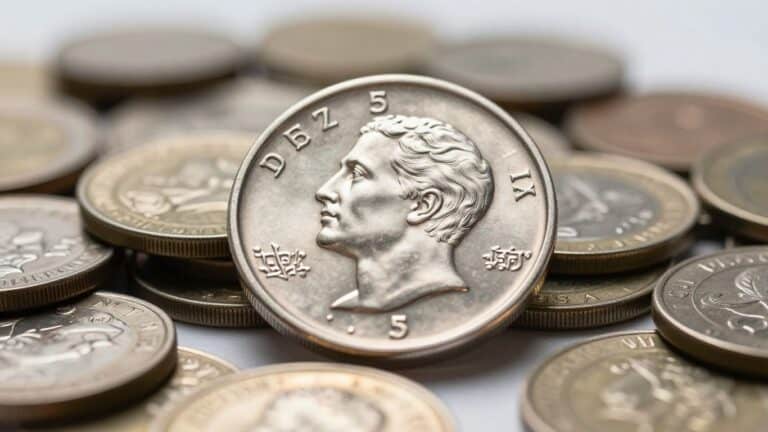 Silver bar on a pile of coins.