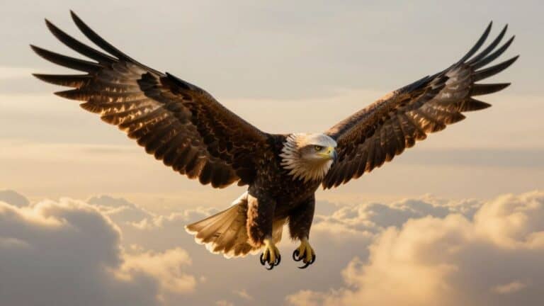 Soaring eagle against golden clouds, symbolizing growth.