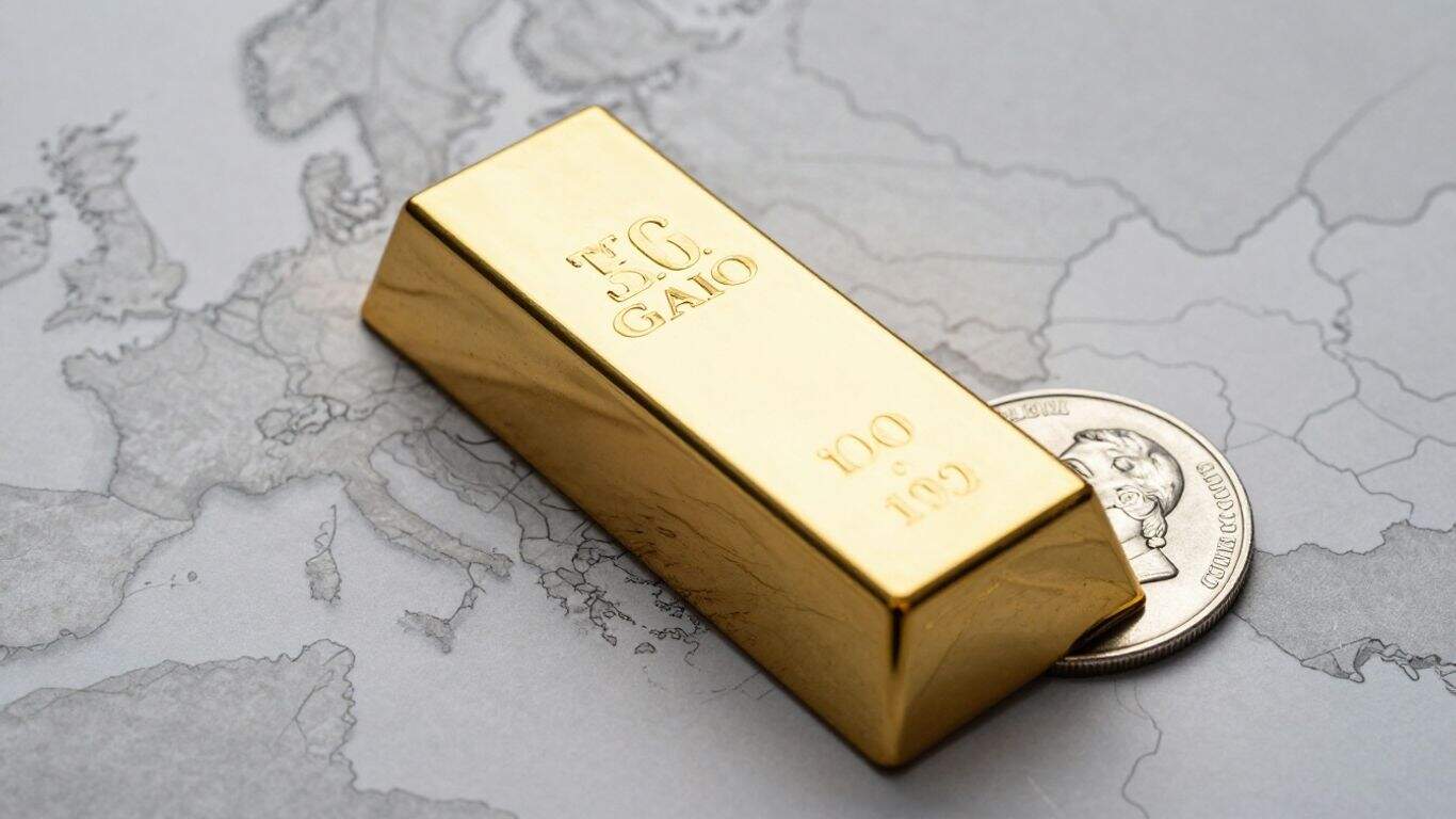 Gold bar and silver coin with geopolitical map background.