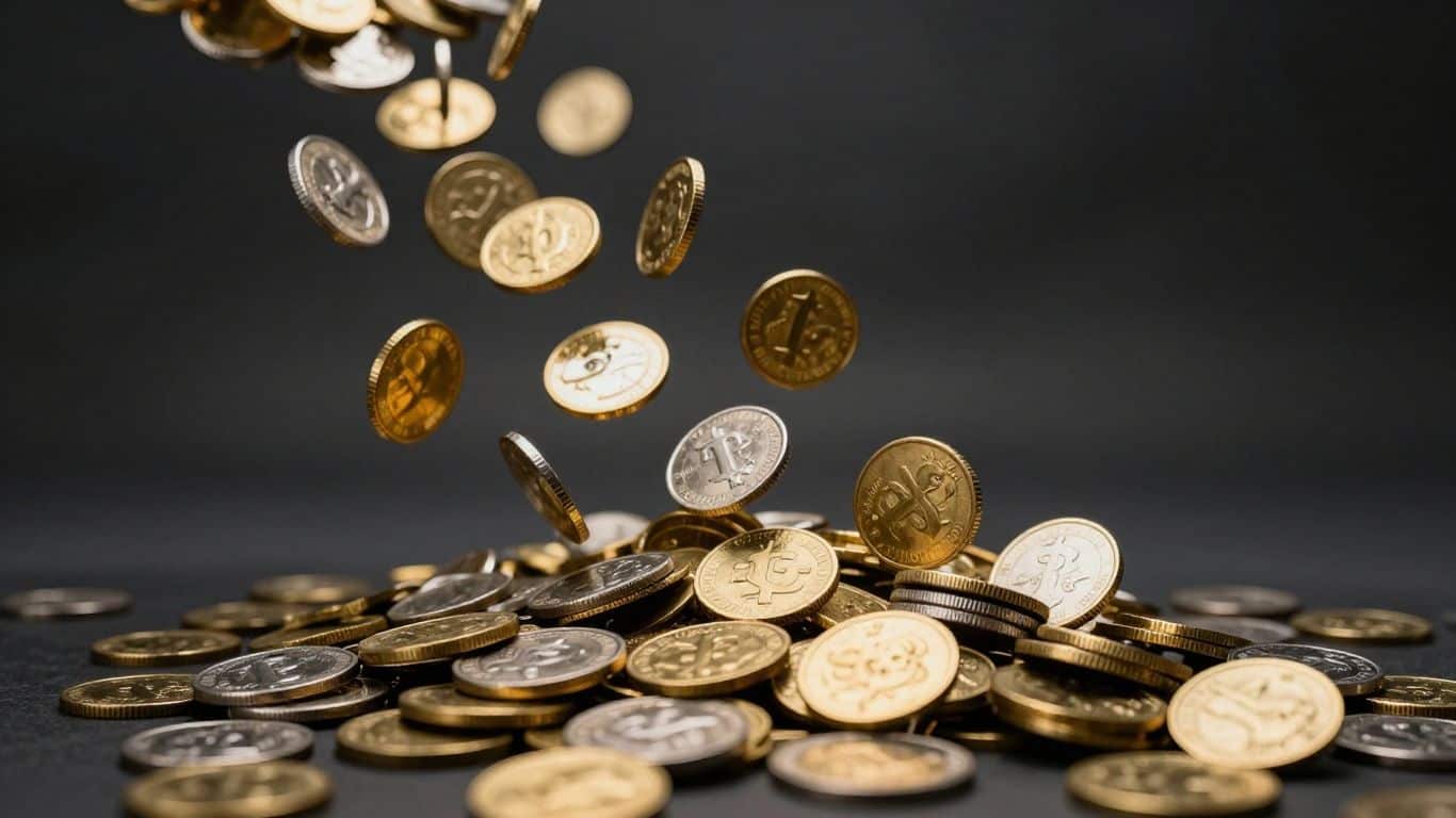 Gold and silver coins falling downwards.