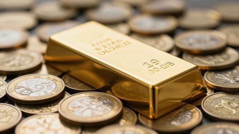 Gold bars and coins with a blurred background.