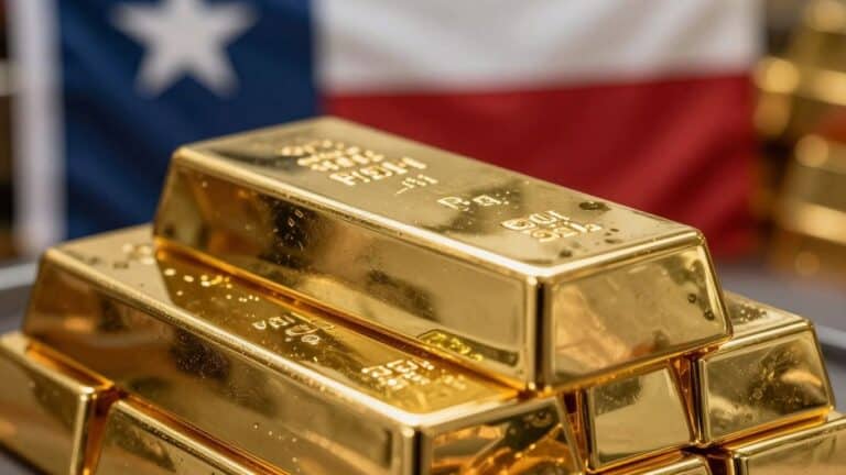 Gold bars in a secure vault with Texas flag.