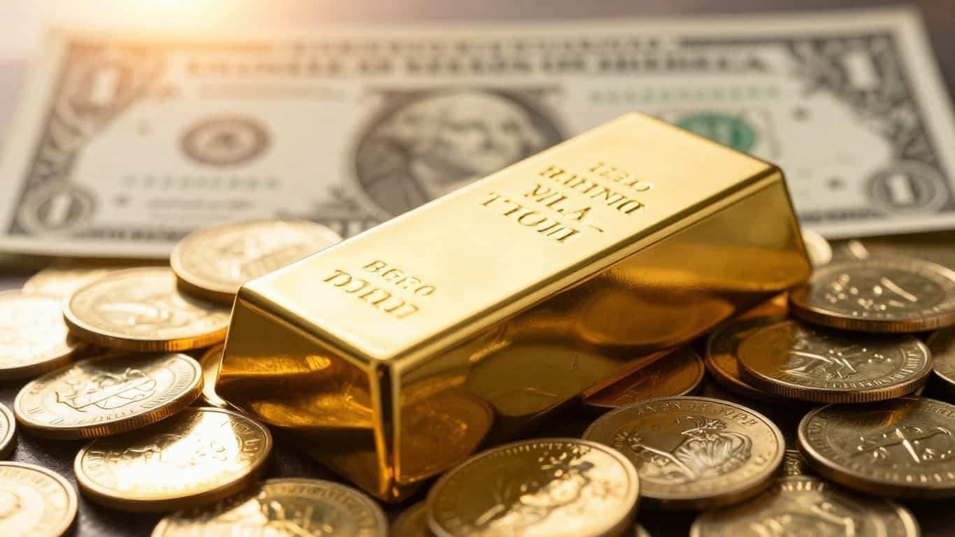 Gold bars and coins with a rising sun and dollar bill.